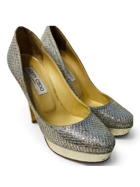 🛍️ Jimmy Choo Authentic Alex Cosmic Champagne Glitter Heels W/Box & Dust Cover